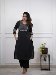Black Embroidered Cotton Kurta and Pant Set