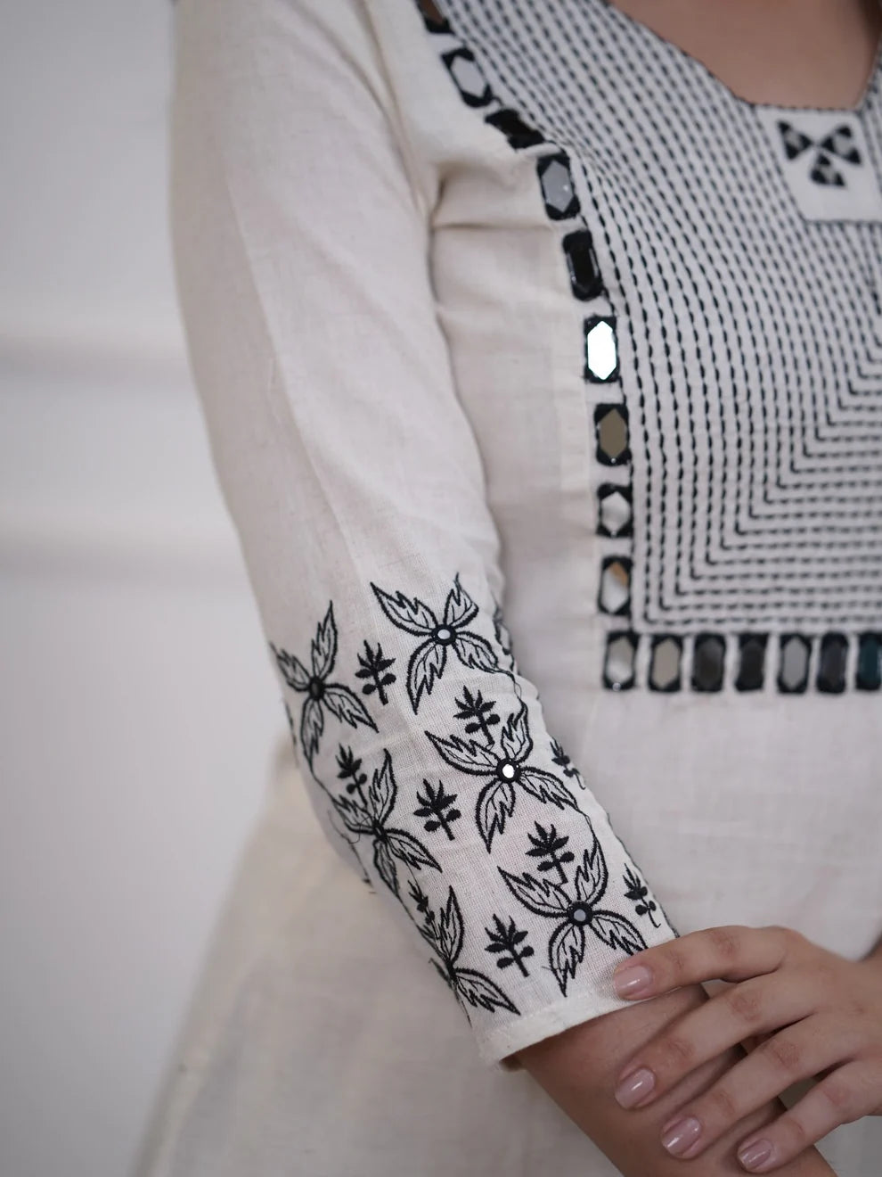 Off White Embroidered Cotton Kurta and Pant Set