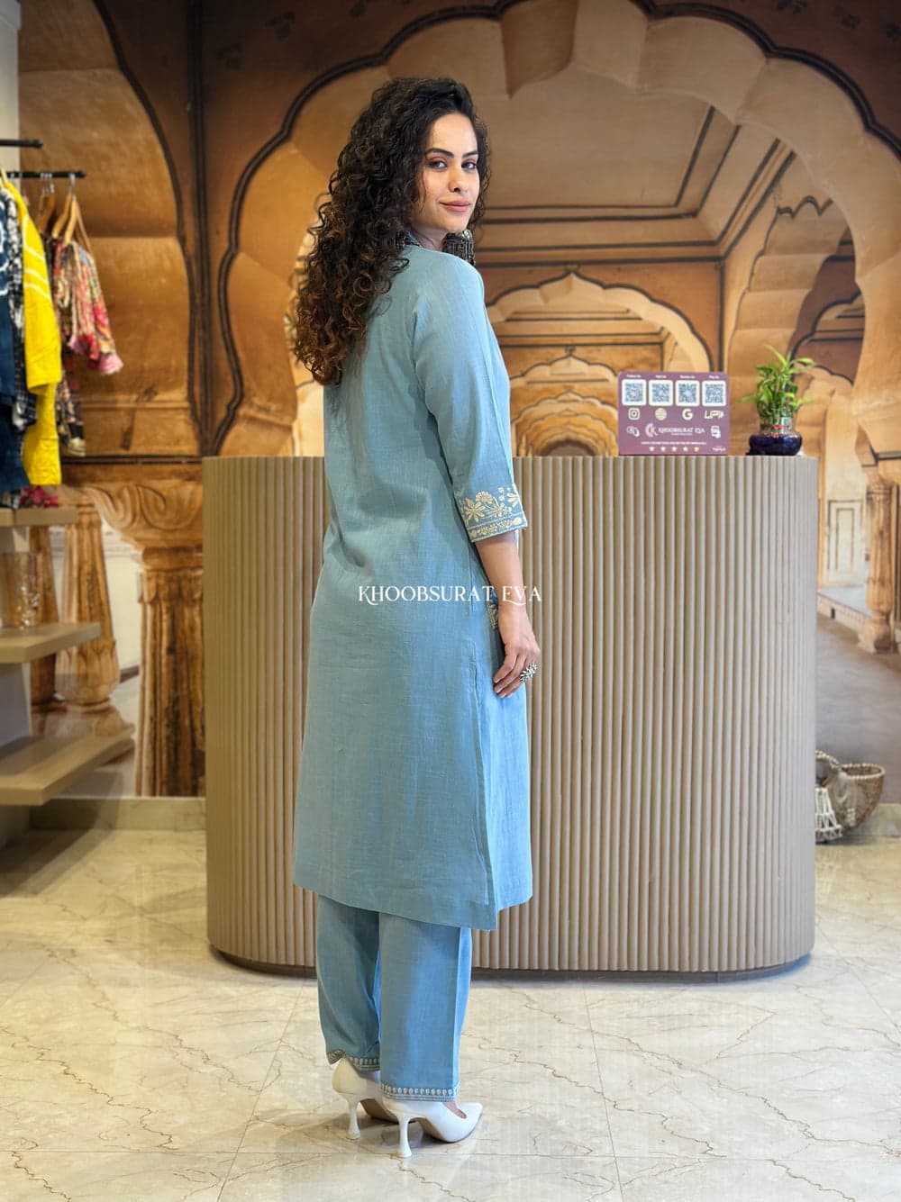 Elegant Sky Blue Embroidered Cotton Kurta Set