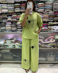 Pastel Green Embroidered Art Line Face Print Cotton Co-Ord Set
