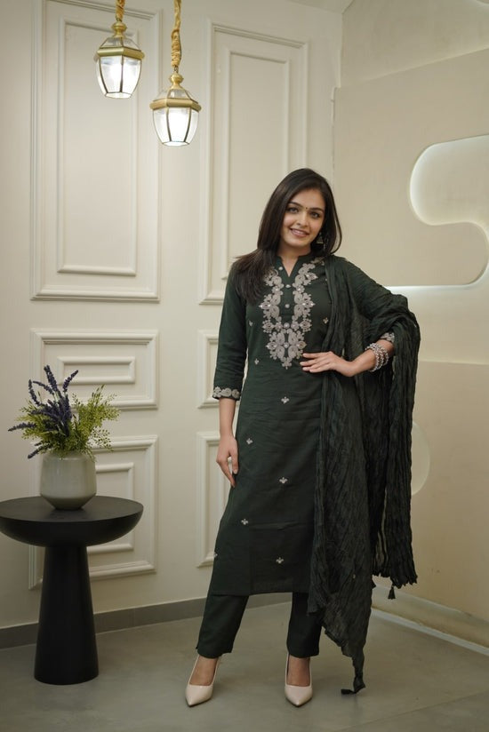 Olive Green Embroidered Cotton Kurta and Pant Set with Dupatta