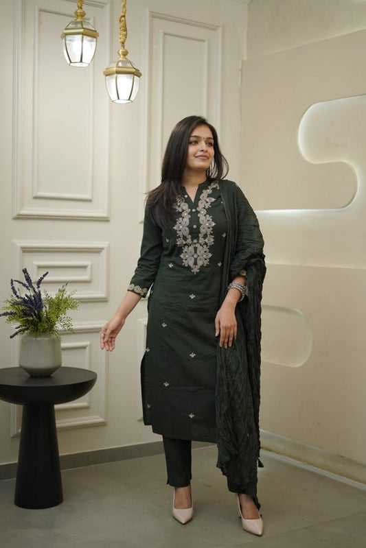 Olive Green Embroidered Cotton Kurta and Pant Set with Dupatta