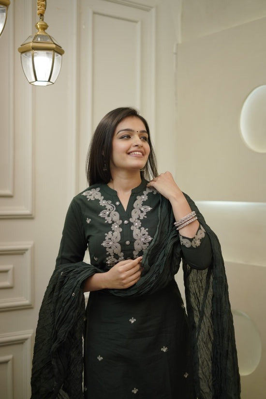Olive Green Embroidered Cotton Kurta and Pant Set with Dupatta