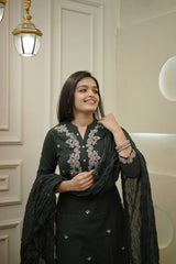 Olive Green Embroidered Cotton Kurta and Pant Set with Dupatta