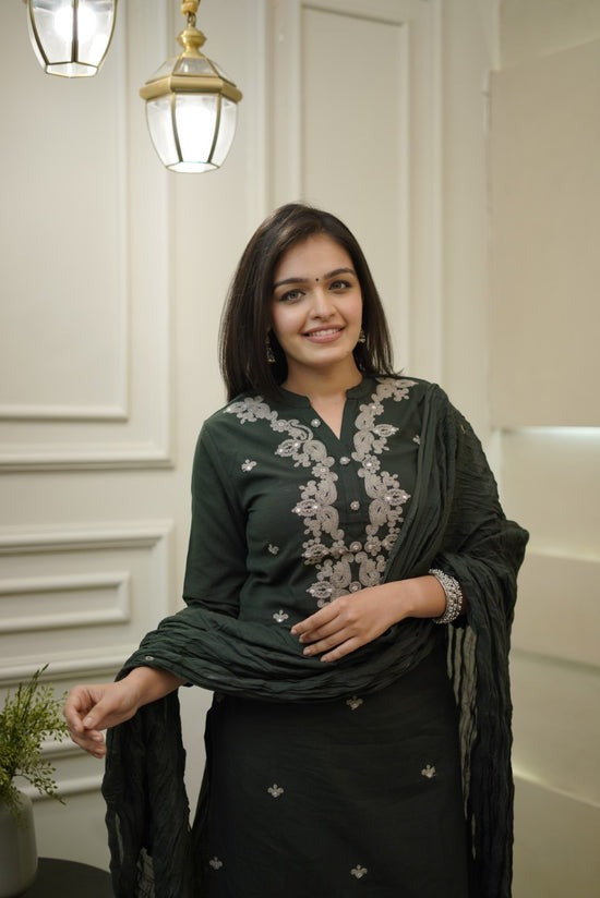 Olive Green Embroidered Cotton Kurta and Pant Set with Dupatta
