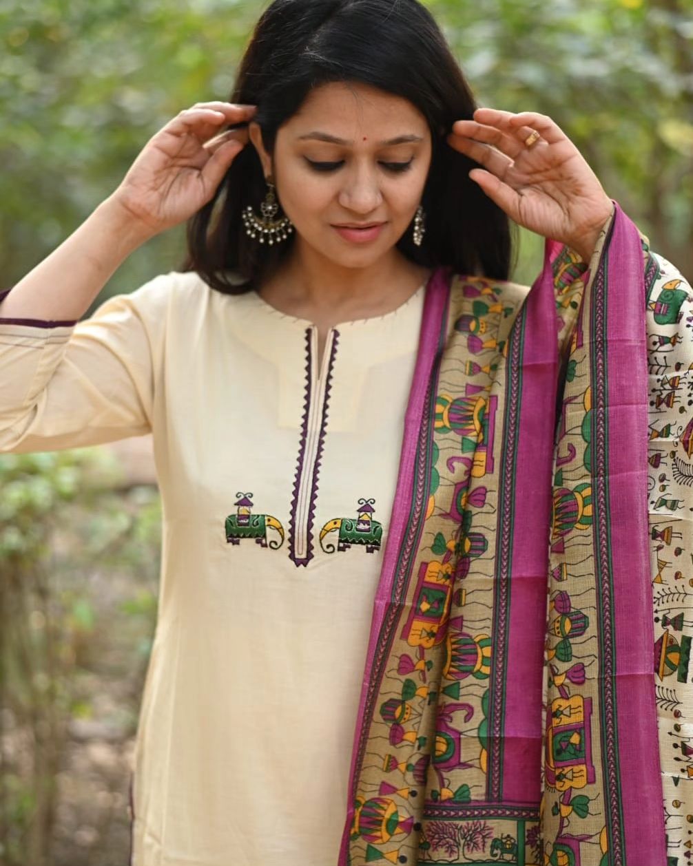 Off White Embroidered Cotton Flex Kurta and Pant Set with Dupatta