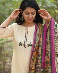 Off White Embroidered Cotton Flex Kurta and Pant Set with Dupatta