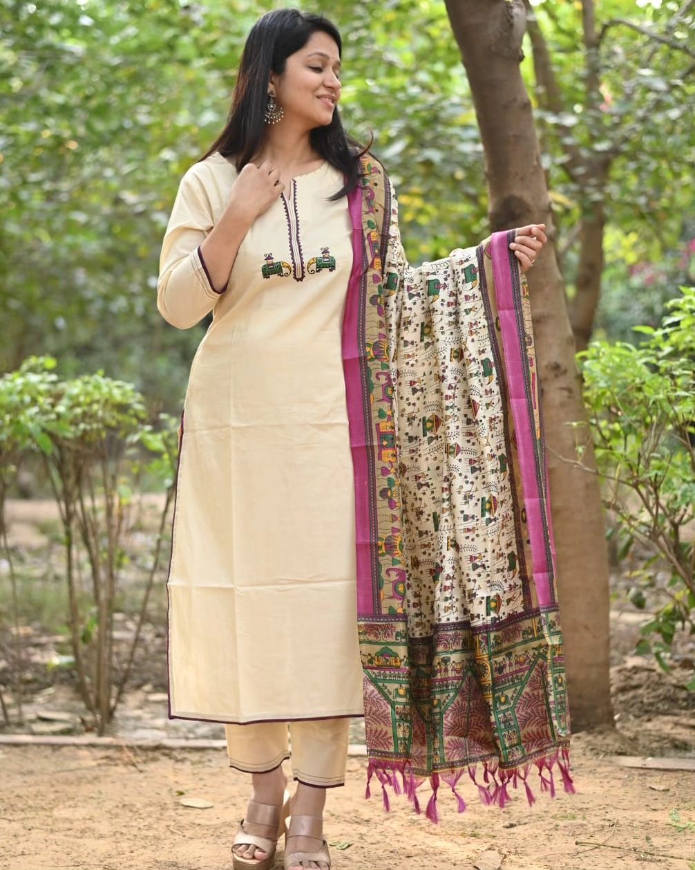 Off White Embroidered Cotton Flex Kurta and Pant Set with Dupatta