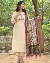 Off White Embroidered Cotton Flex Kurta and Pant Set with Dupatta