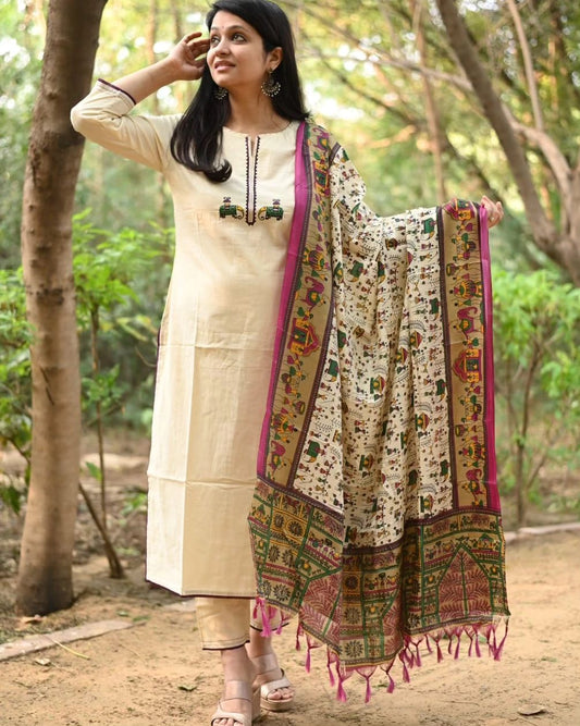 Off White Embroidered Cotton Flex Kurta and Pant Set with Dupatta