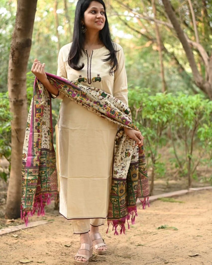 Off White Embroidered Cotton Flex Kurta and Pant Set with Dupatta