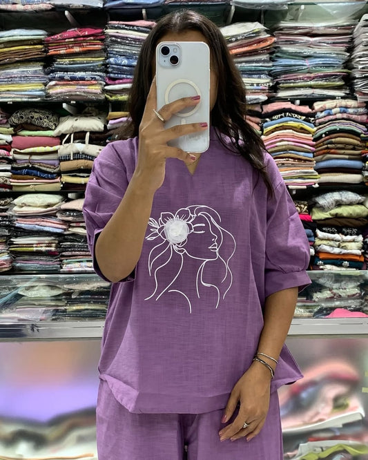 Purple Embroidered Art Line Face Print Cotton Co-Ord Set