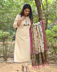 Off White Embroidered Cotton Flex Kurta and Pant Set with Dupatta