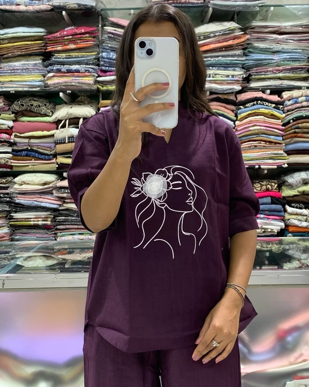 Plum Embroidered Art Line Face Print Cotton Co-Ord Set