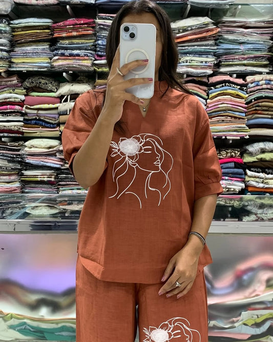 Brown Embroidered Art Line Face Print Cotton Co-Ord Set