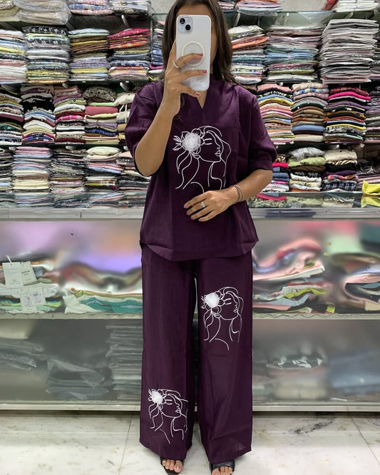 Plum Embroidered Art Line Face Print Cotton Co-Ord Set