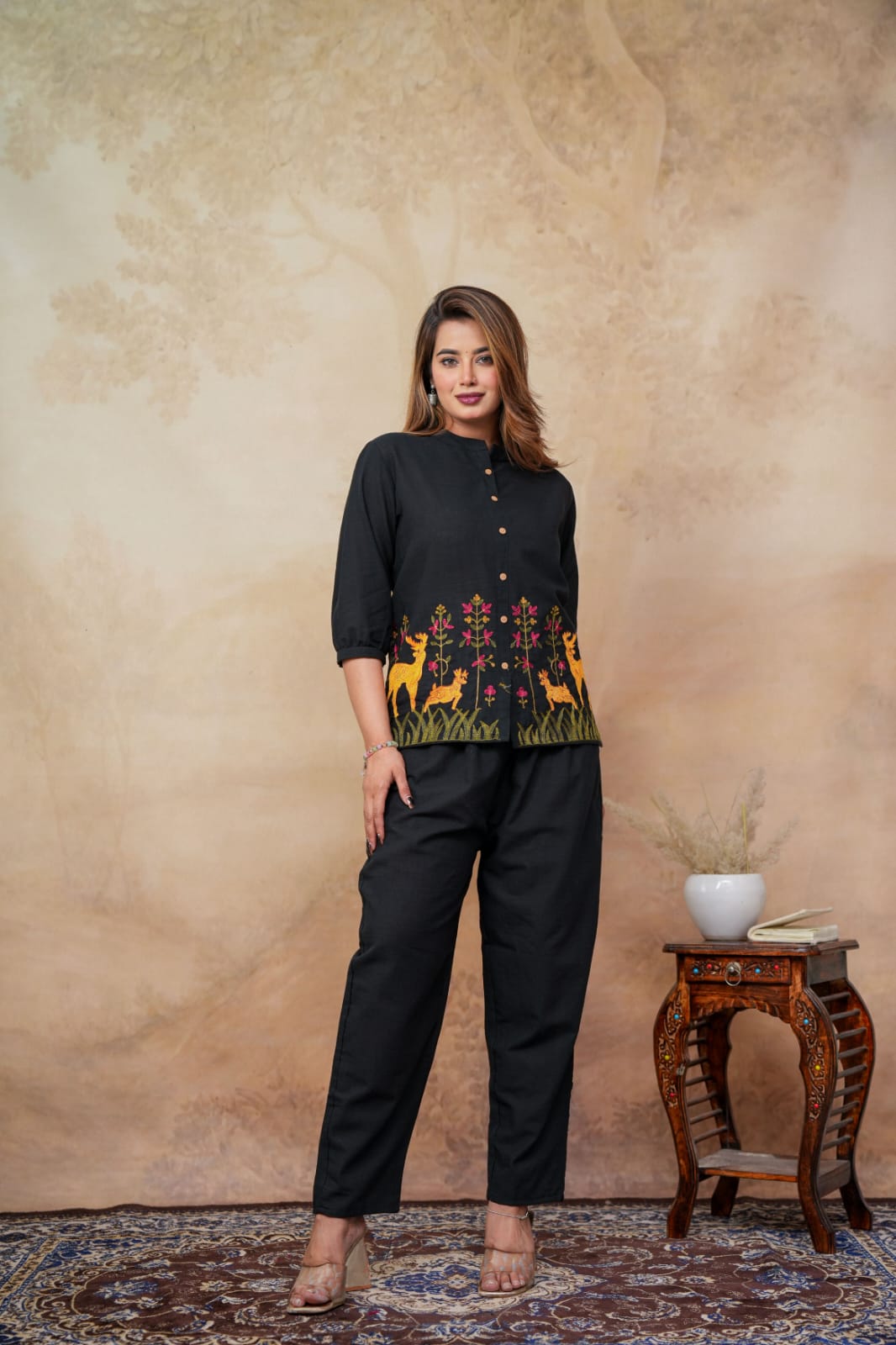 Black Embroidered Floral & Deer Cotton Co-ord Set