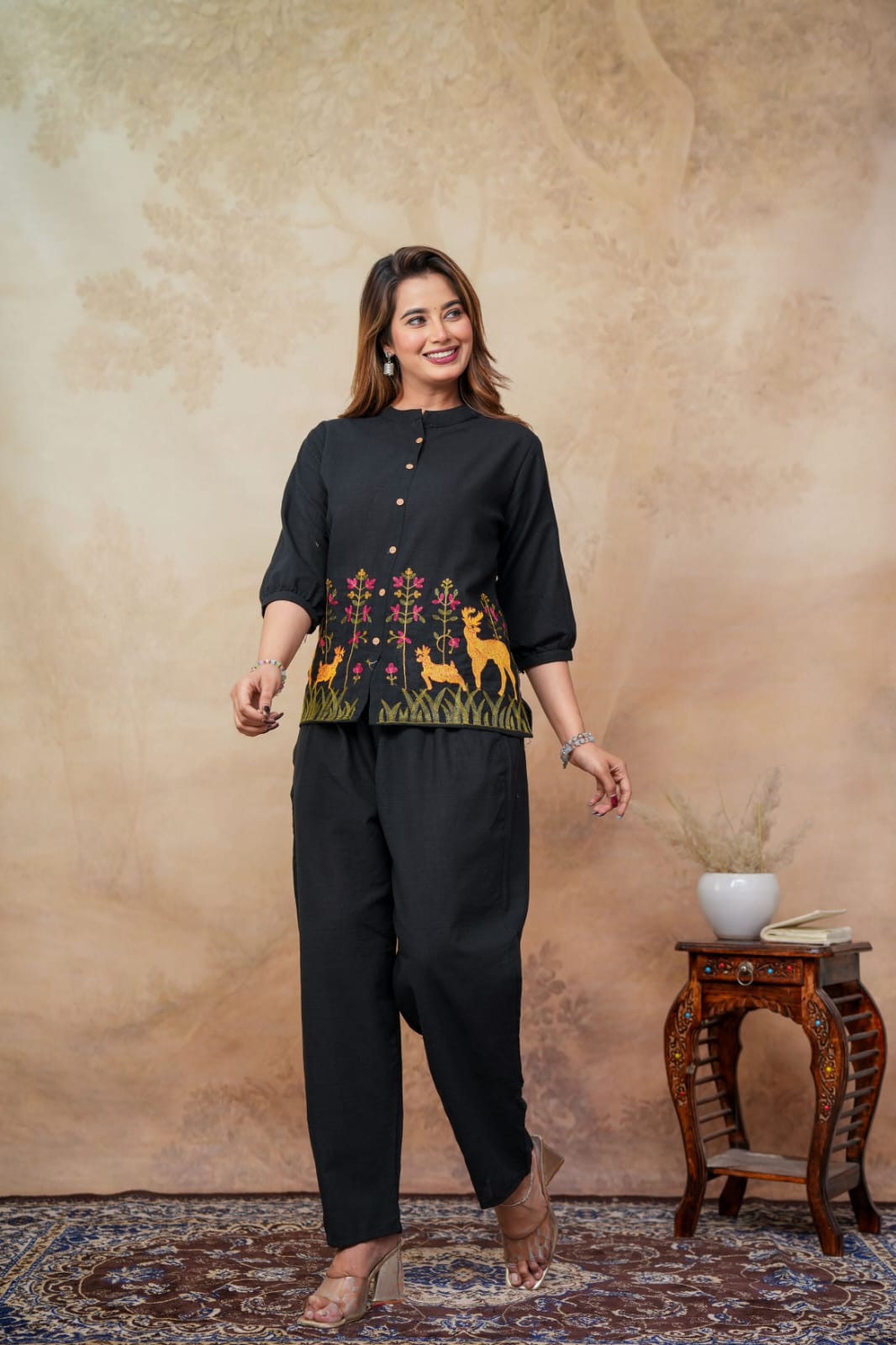Black Embroidered Floral & Deer Cotton Co-ord Set