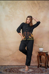 Black Embroidered Floral & Deer Cotton Co-ord Set