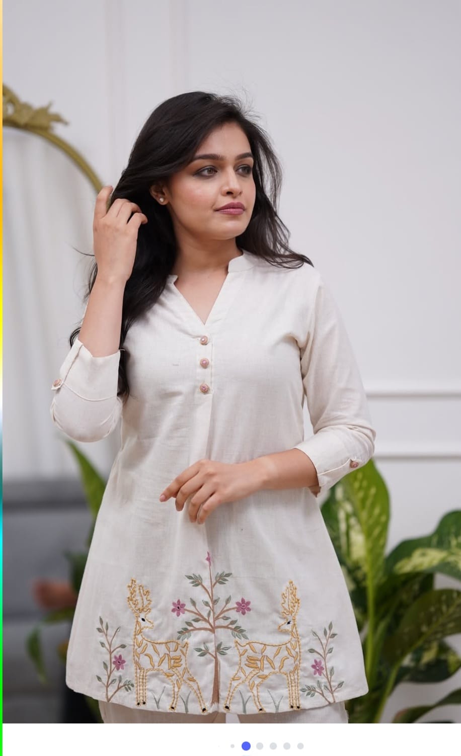 White Embroidered Floral & Deer Cotton Co-ord Set
