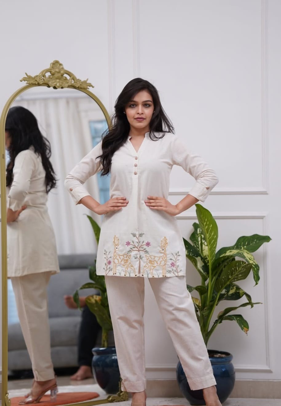 White Embroidered Floral & Deer Cotton Co-ord Set