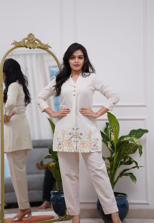 White Embroidered Floral & Deer Cotton Co-ord Set