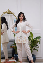 White Embroidered Floral & Deer Cotton Co-ord Set