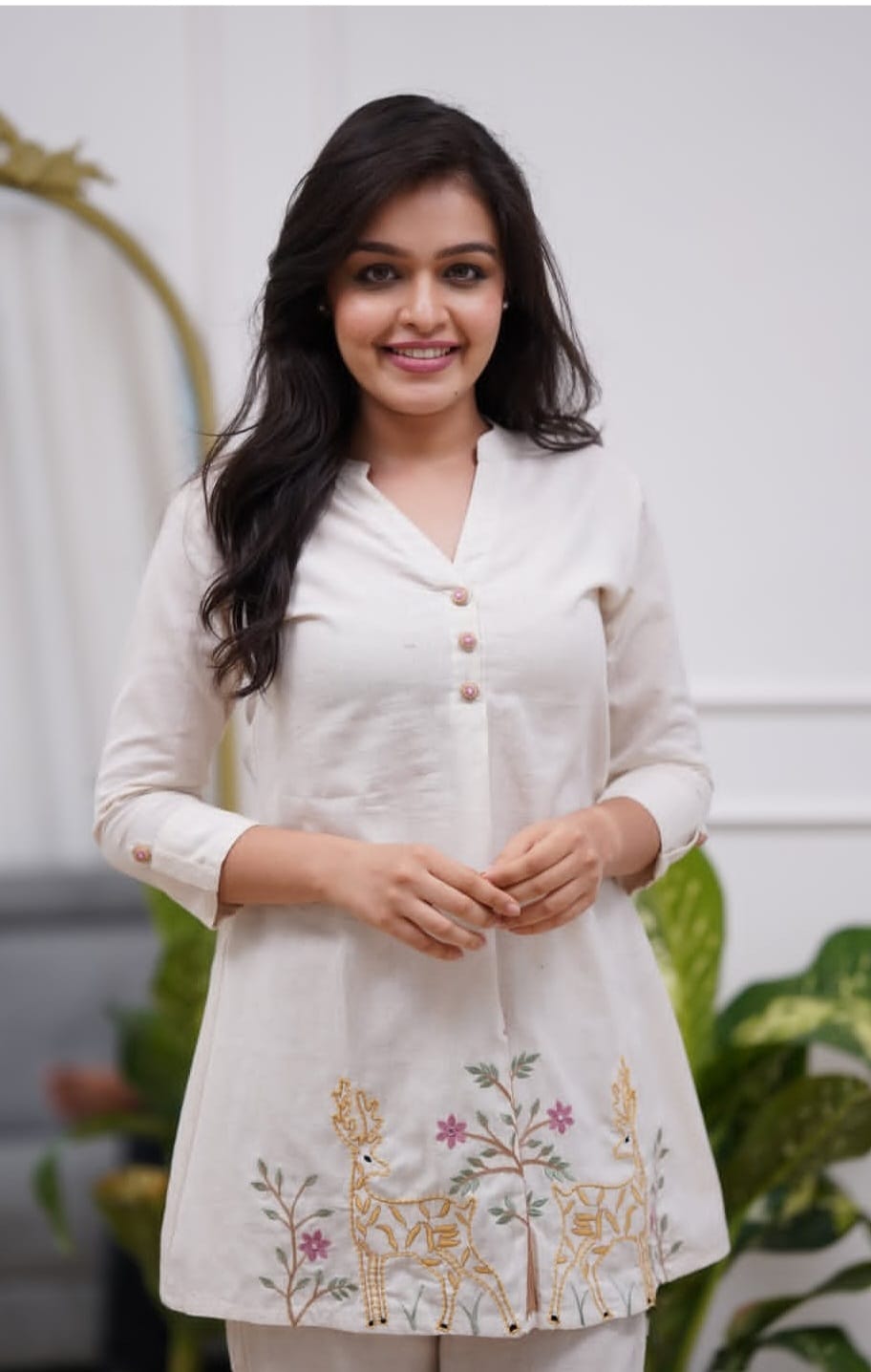 White Embroidered Floral & Deer Cotton Co-ord Set