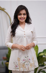 White Embroidered Floral & Deer Cotton Co-ord Set