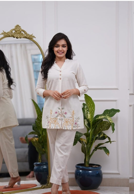 White Embroidered Floral & Deer Cotton Co-ord Set