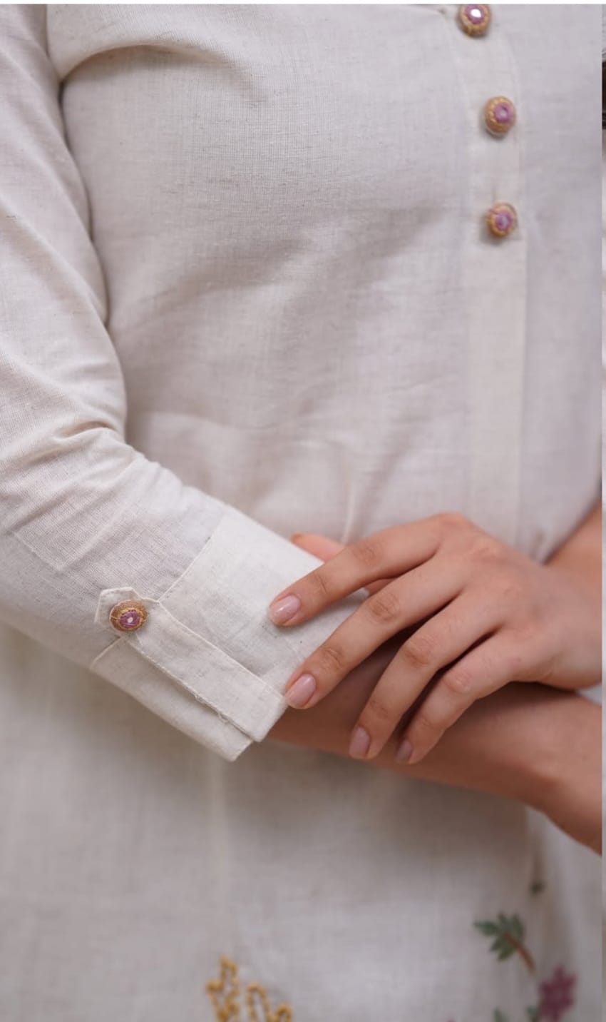 White Embroidered Floral & Deer Cotton Co-ord Set