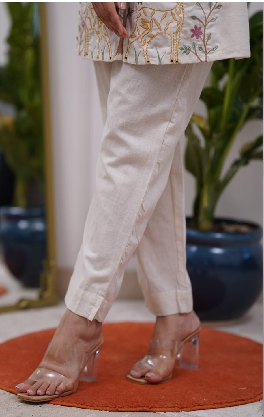 White Embroidered Floral & Deer Cotton Co-ord Set