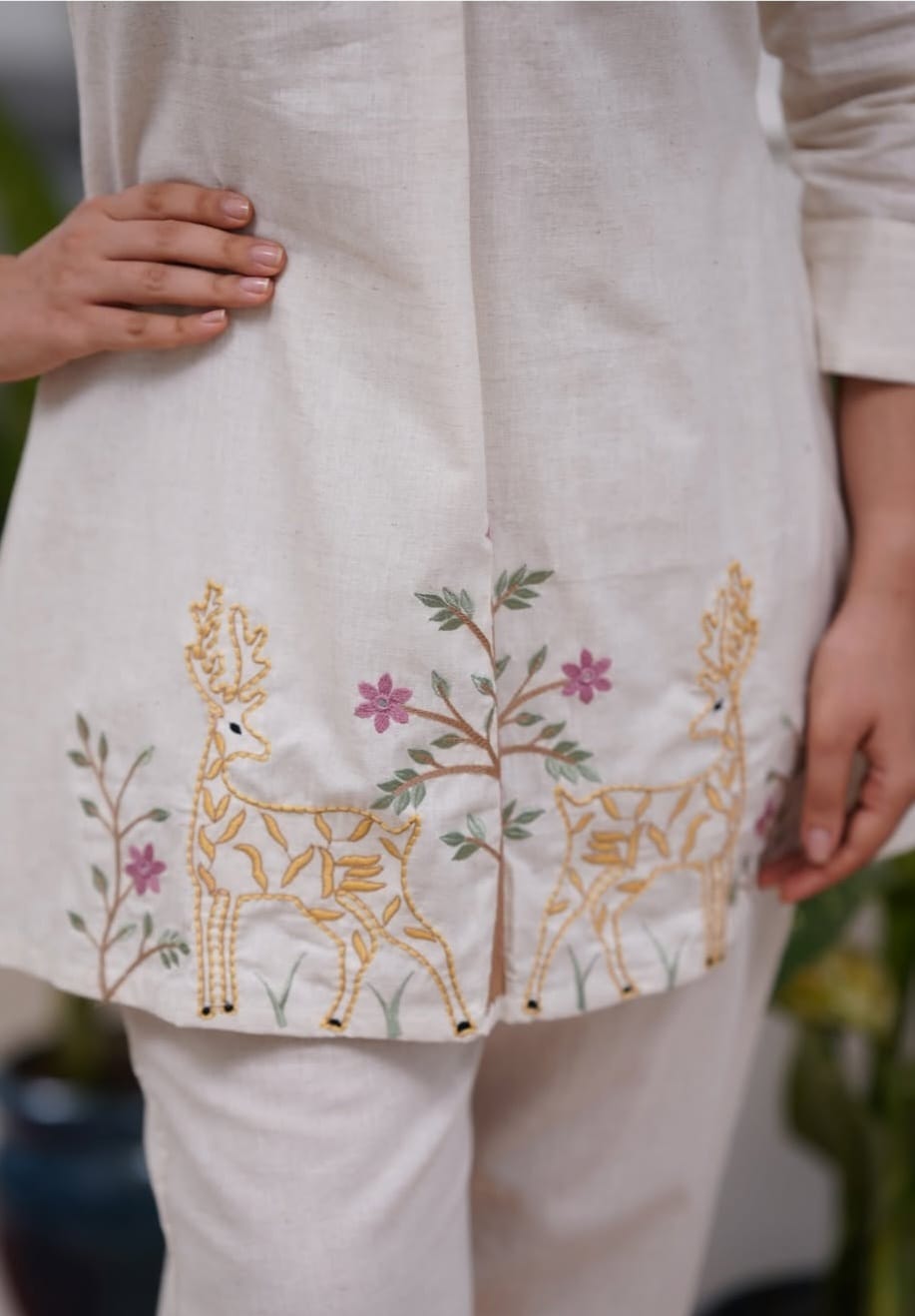 White Embroidered Floral & Deer Cotton Co-ord Set