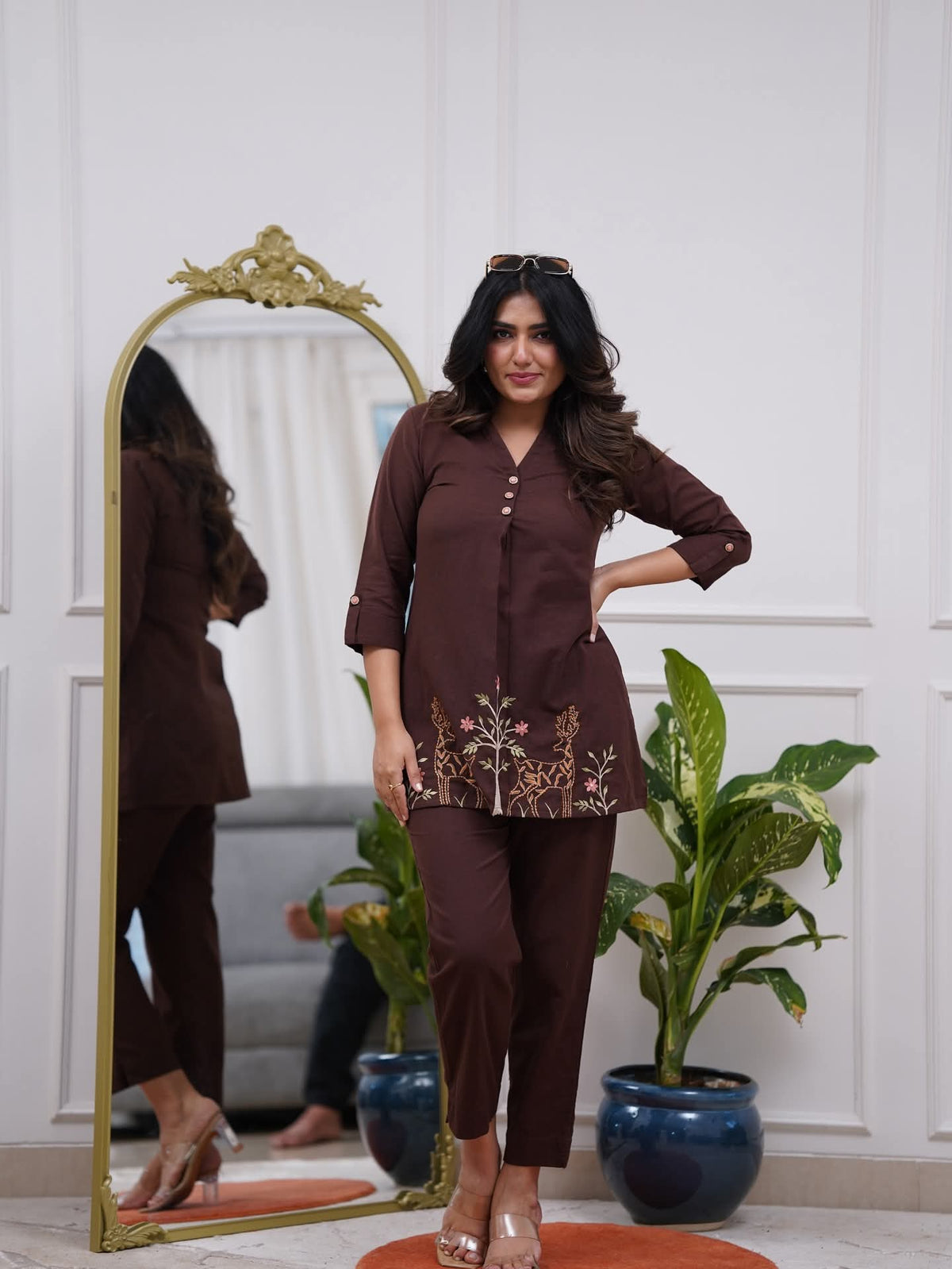 Dark Brown Embroidered Floral & Deer Cotton Co-ord Set