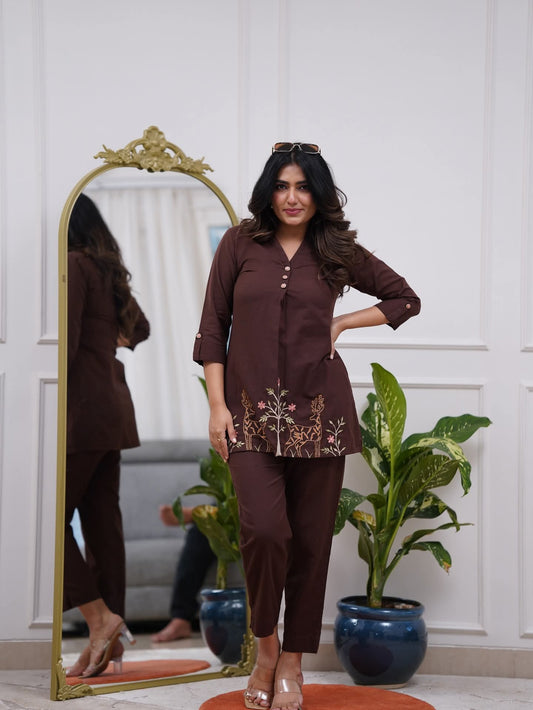 Dark Brown Embroidered Floral & Deer Cotton Co-ord Set