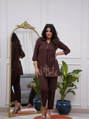 Dark Brown Embroidered Floral & Deer Cotton Co-ord Set
