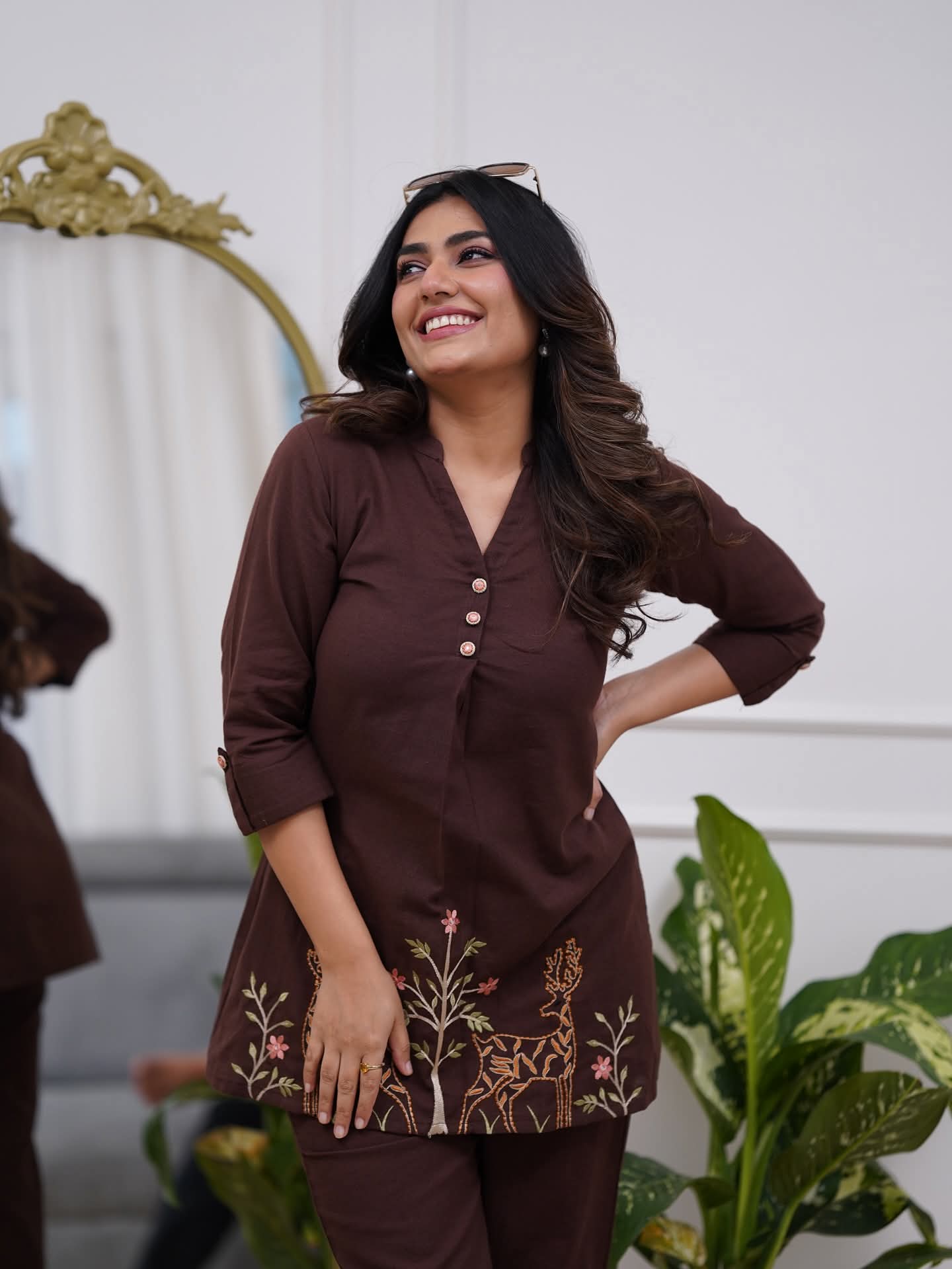 Dark Brown Embroidered Floral & Deer Cotton Co-ord Set