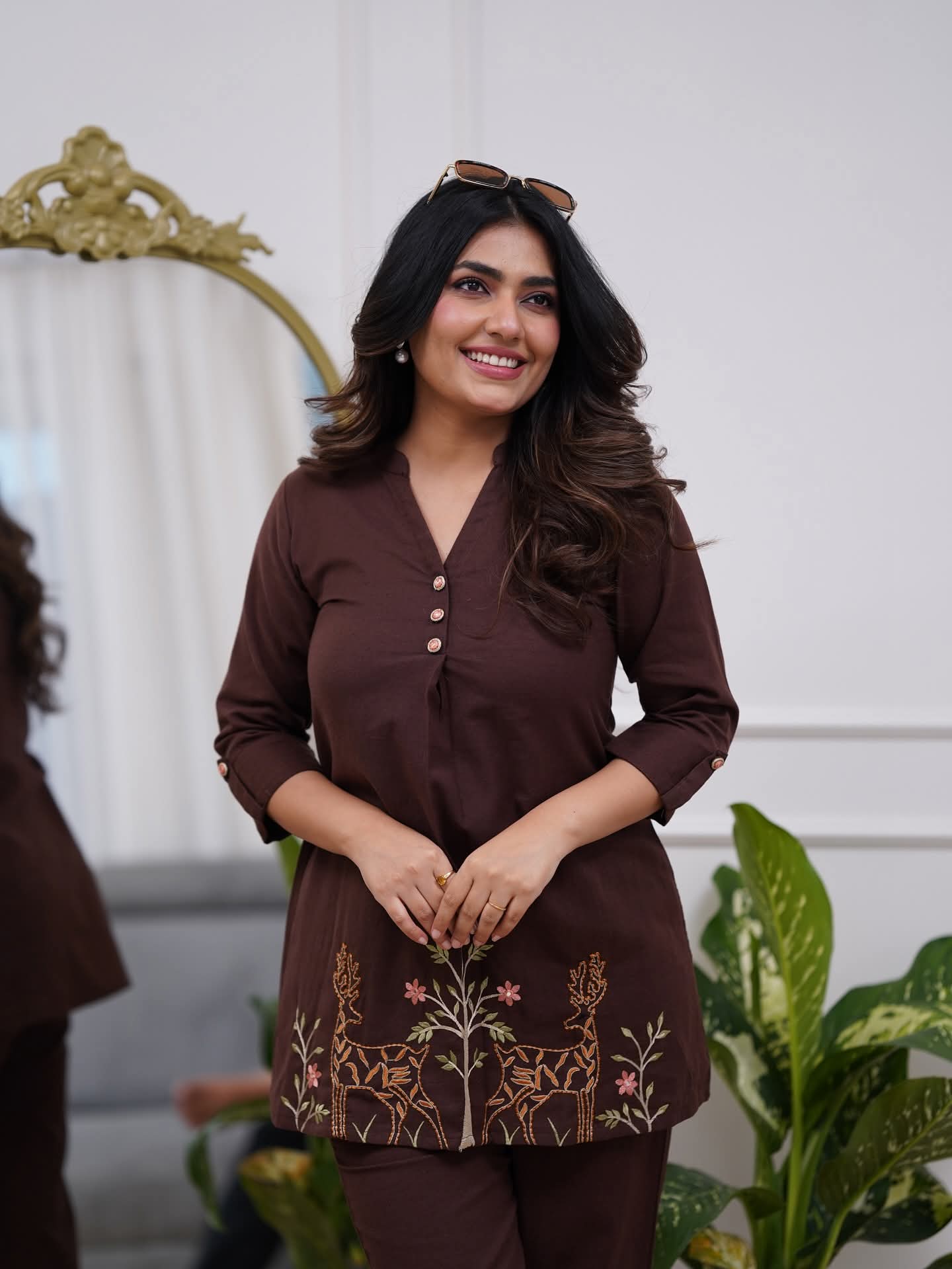 Dark Brown Embroidered Floral & Deer Cotton Co-ord Set