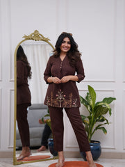 Dark Brown Embroidered Floral & Deer Cotton Co-ord Set
