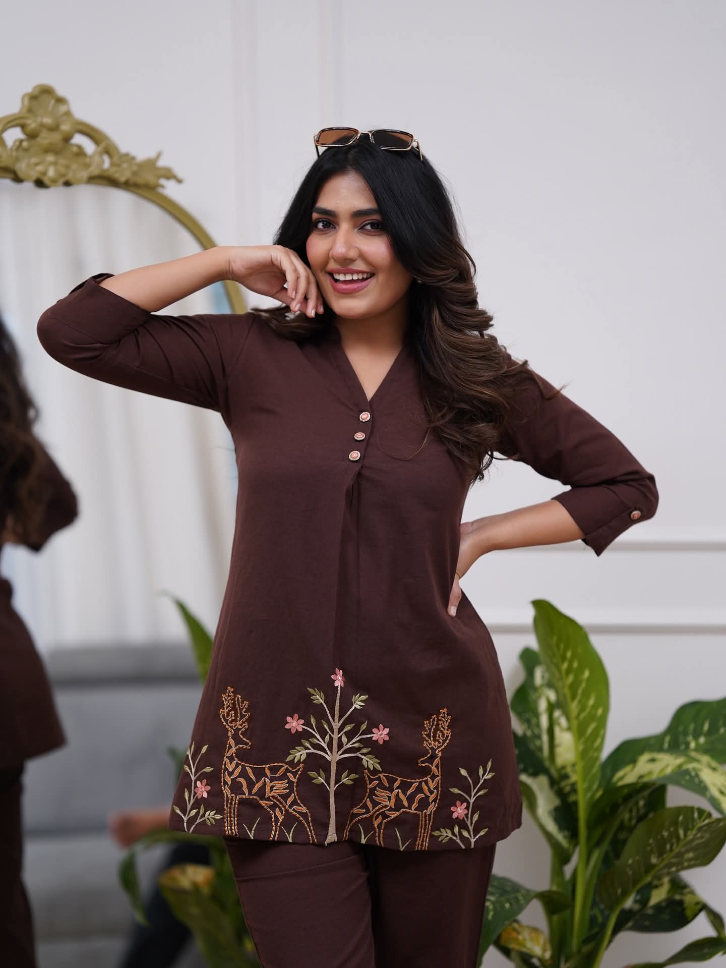 Dark Brown Embroidered Floral & Deer Cotton Co-ord Set