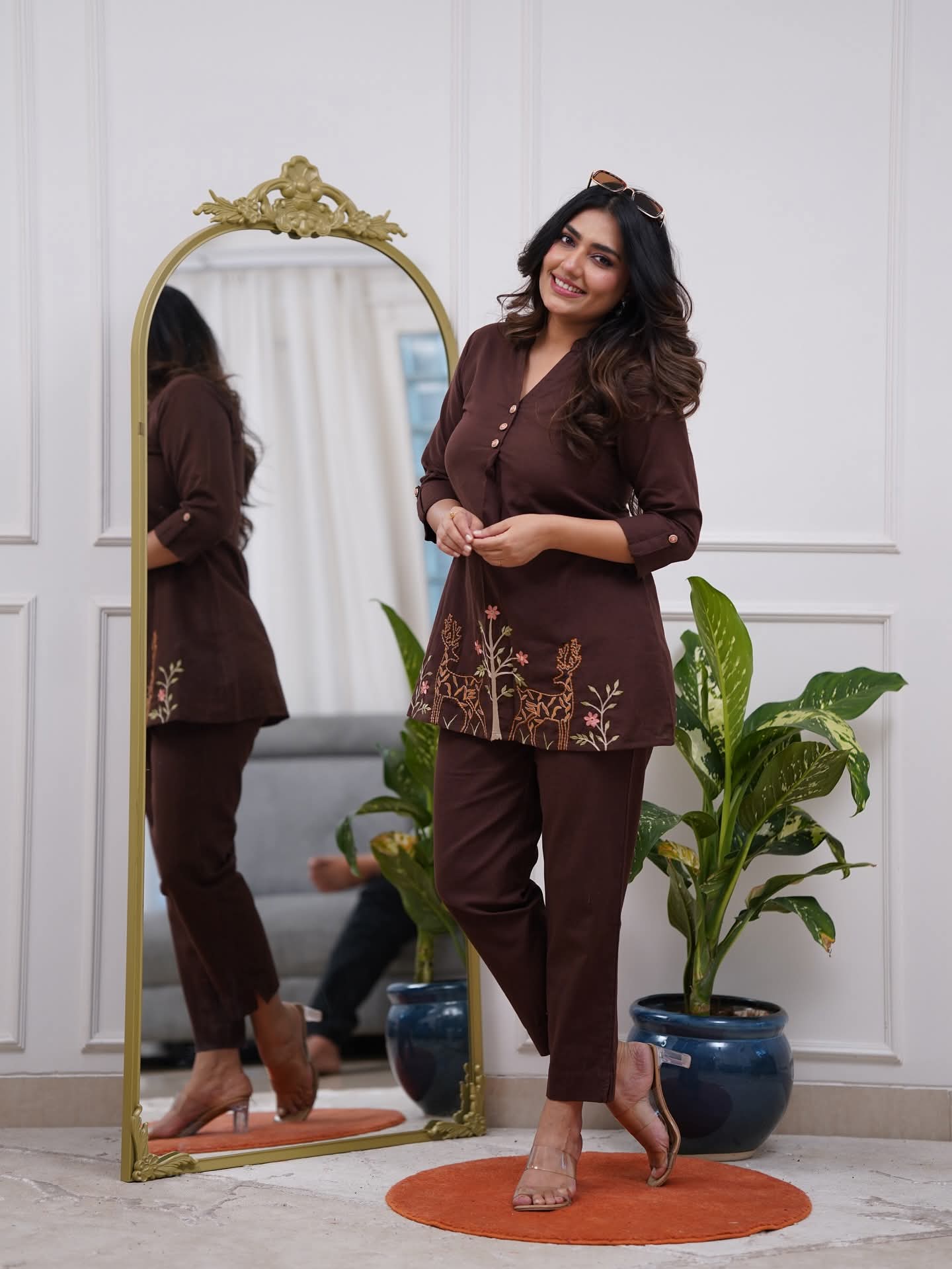 Dark Brown Embroidered Floral & Deer Cotton Co-ord Set
