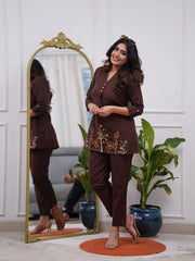 Dark Brown Embroidered Floral & Deer Cotton Co-ord Set