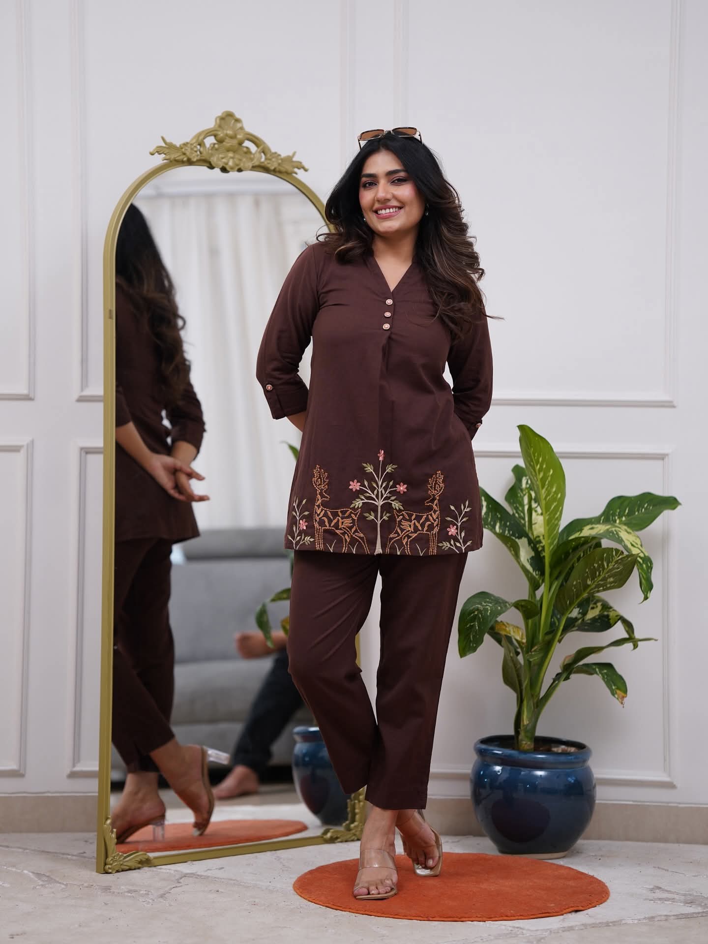Dark Brown Embroidered Floral & Deer Cotton Co-ord Set