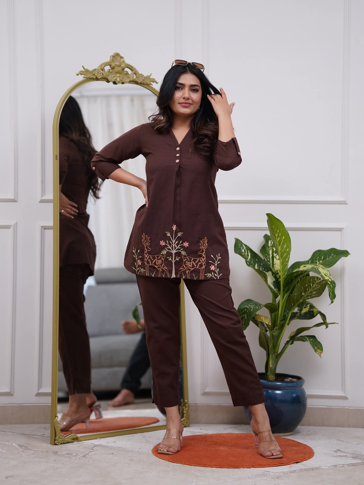 Dark Brown Embroidered Floral & Deer Cotton Co-ord Set