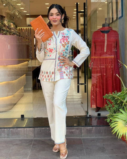 Off White Embroidered Floral Cotton Co-ord Set
