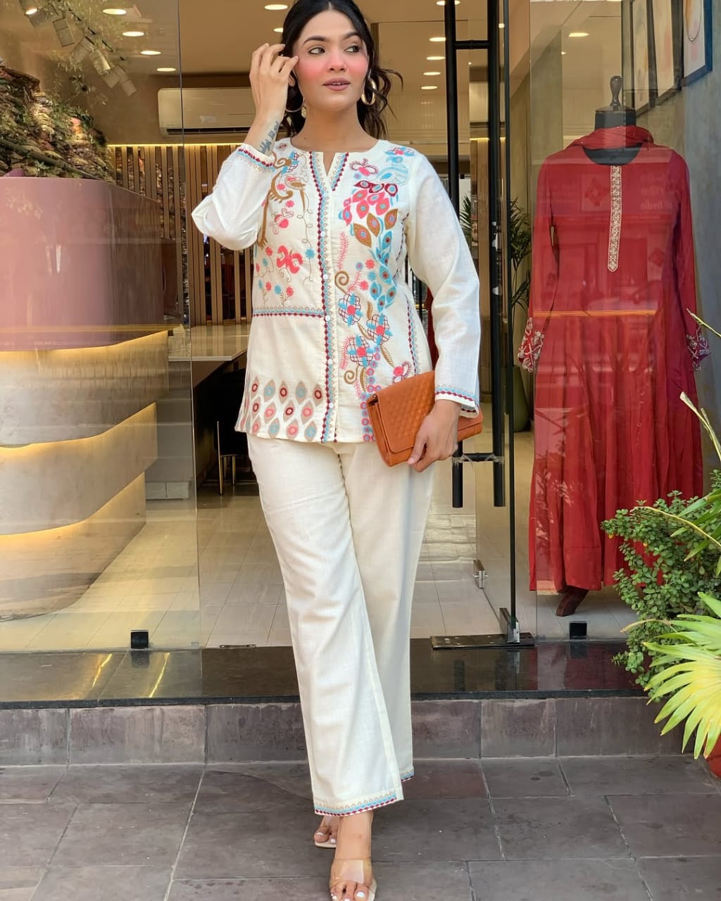 Off White Embroidered Floral Cotton Co-ord Set