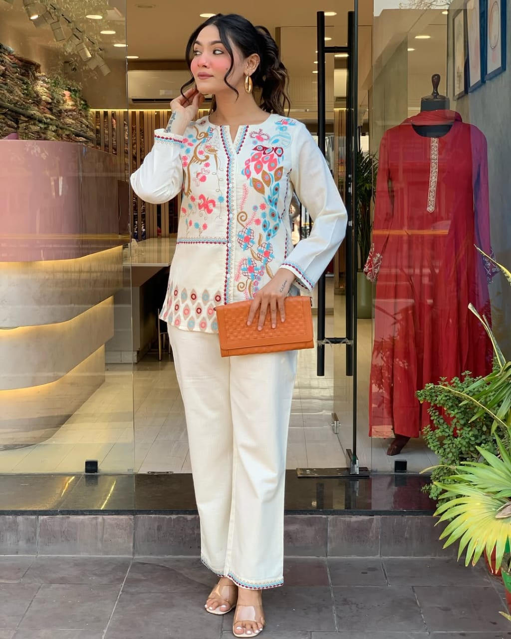 Off White Embroidered Floral Cotton Co-ord Set