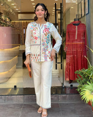 Off White Embroidered Floral Cotton Co-ord Set