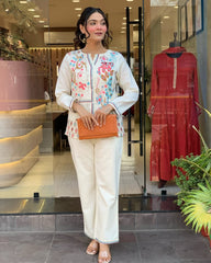 Off White Embroidered Floral Cotton Co-ord Set