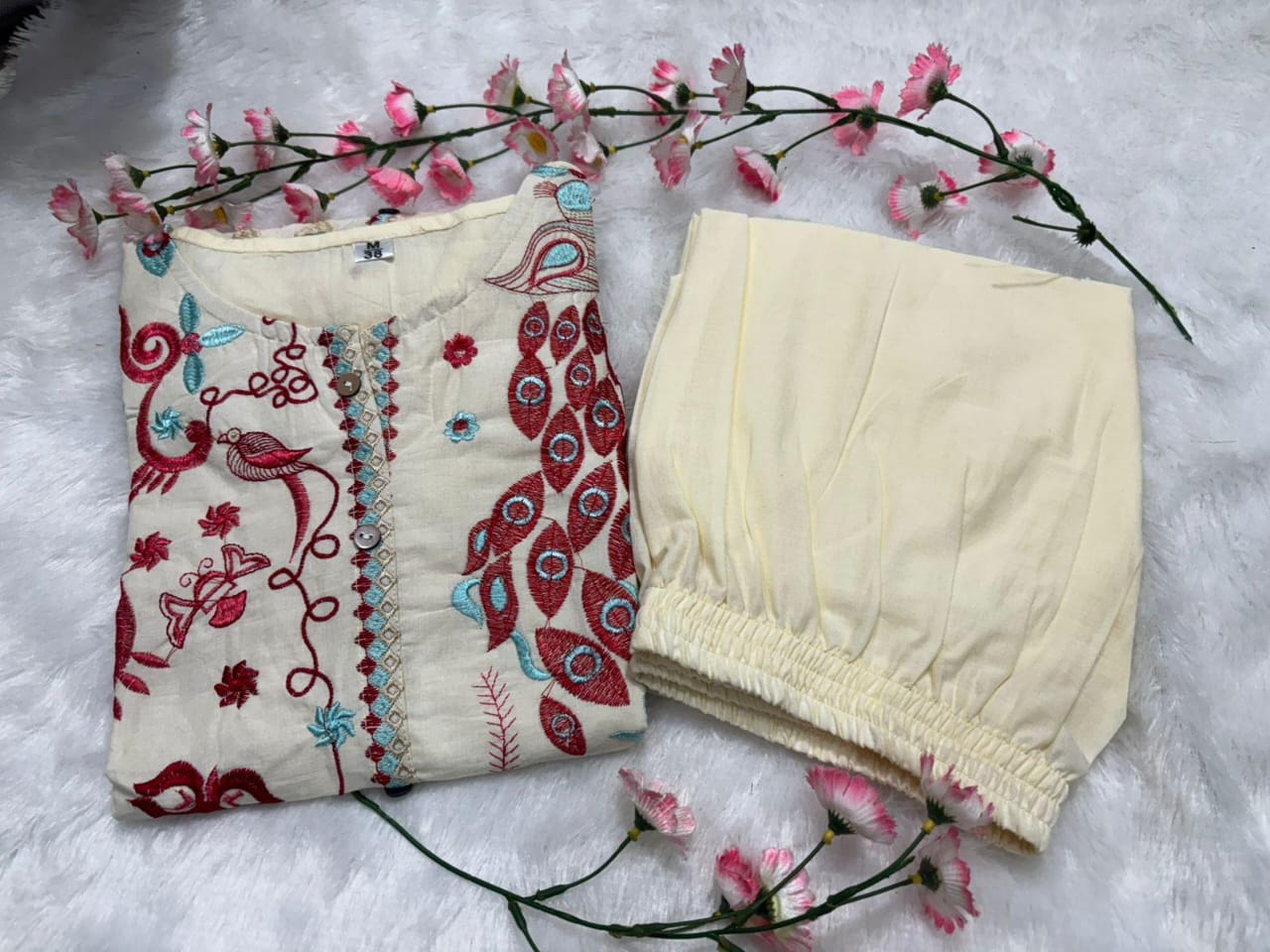 Off White Embroidered Floral Cotton Co-ord Set